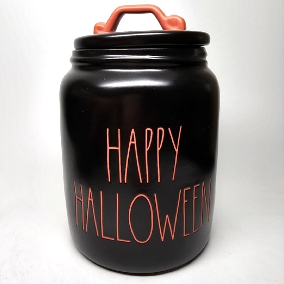 Rae Dunn Happy Halloween Black Artisan cookie treat Canister Jar NWOT - Picture 1 of 6